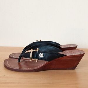 Tory Burch Black and Brown Wedge Sandals